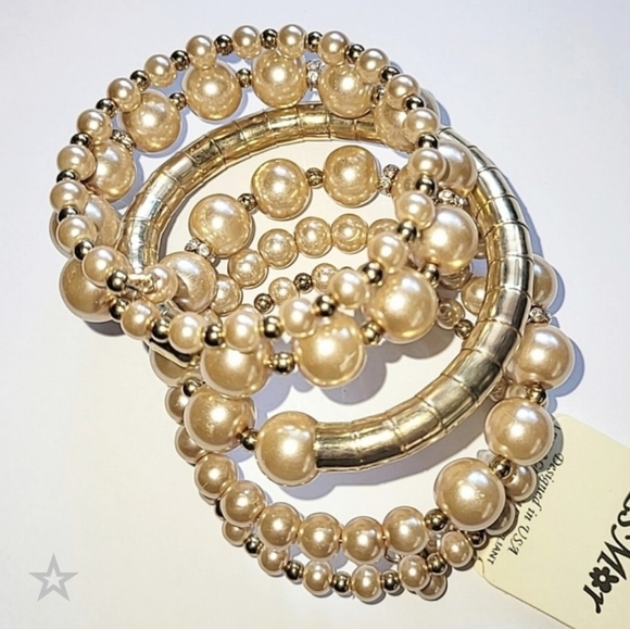 HUGE FAUX PEARL & GOLD BEAD 6 COIL WIRE WRAP BRACELET - Picture 1 of 5